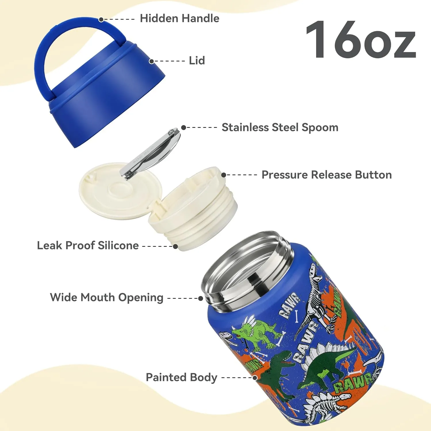 17 oz Soup Thermos for Hot Food Kids, Stainless Steel Vacuum Insulated Food Jar Lunch Box Container with Folding Spoon,Leakproof Thermos with Handle for School,Office,Travel,Outdoor(blue dinasour