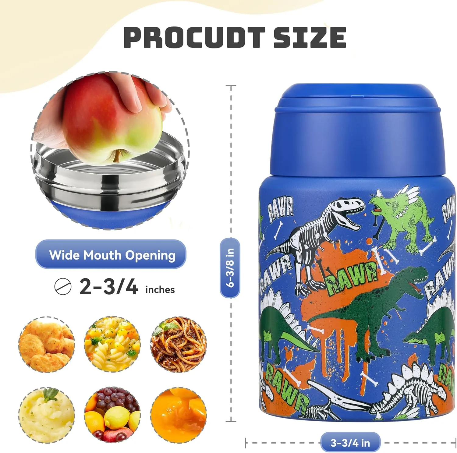17 oz Soup Thermos for Hot Food Kids, Stainless Steel Vacuum Insulated Food Jar Lunch Box Container with Folding Spoon,Leakproof Thermos with Handle for School,Office,Travel,Outdoor(blue dinasour