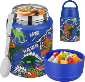 17 oz Soup Thermos for Hot Food Kids, Stainless Steel Vacuum Insulated Food Jar Lunch Box Container with Folding Spoon,Leakproof Thermos with Handle for School,Office,Travel,Outdoor(blue dinasour