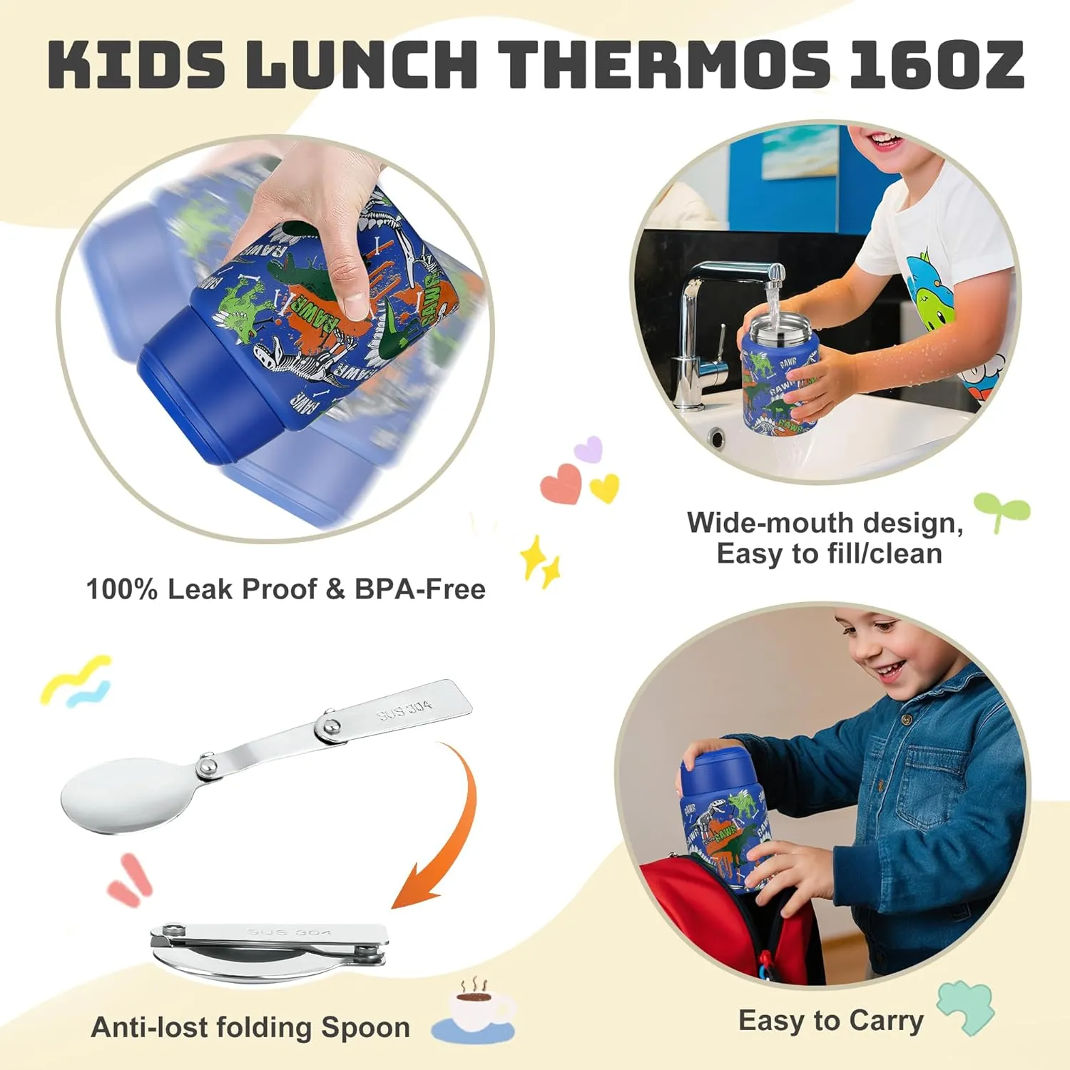 17 oz Soup Thermos for Hot Food Kids, Stainless Steel Vacuum Insulated Food Jar Lunch Box Container with Folding Spoon,Leakproof Thermos with Handle for School,Office,Travel,Outdoor(blue dinasour