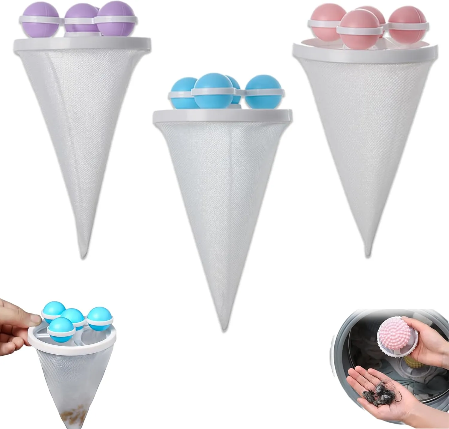 3Pcs Floating Hair Filtering Mesh Removal, Pet Hair Remover for Laundry, Reusable Washing Machine Hair Filter Cleaning Mesh Bag, Lint Fur Removers Catcher for Washing Machine