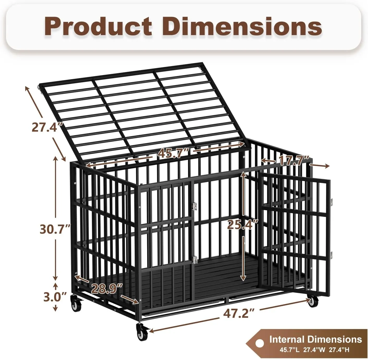 48 Inch Heavy Duty Dog Crate with WheelsIndestructible Escape-Proof Dog Cage for Large Dogs, Extra Large XL XXL Indestructible Dog Crate with Removable Tray.