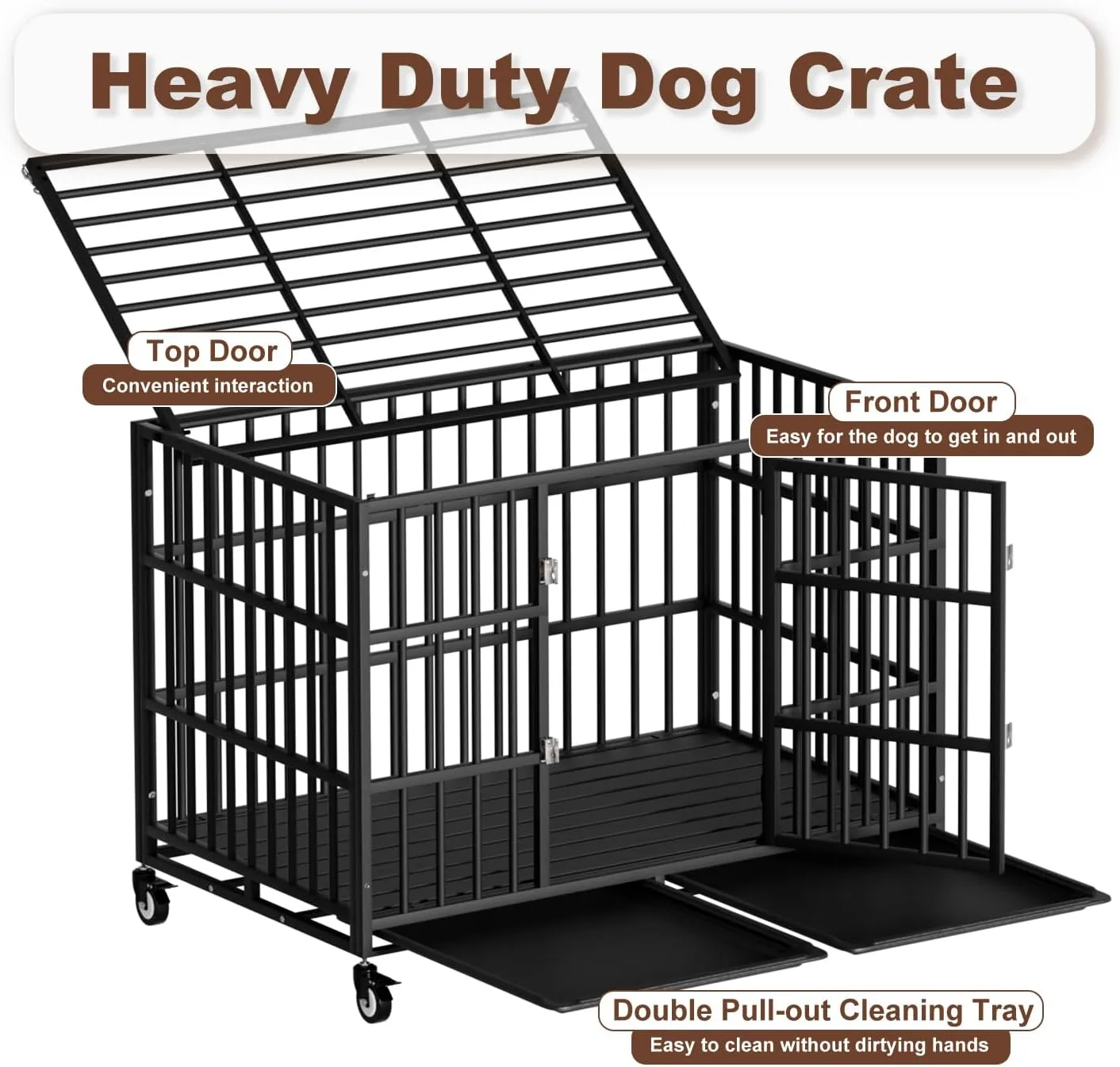 48 Inch Heavy Duty Dog Crate with WheelsIndestructible Escape-Proof Dog Cage for Large Dogs, Extra Large XL XXL Indestructible Dog Crate with Removable Tray.