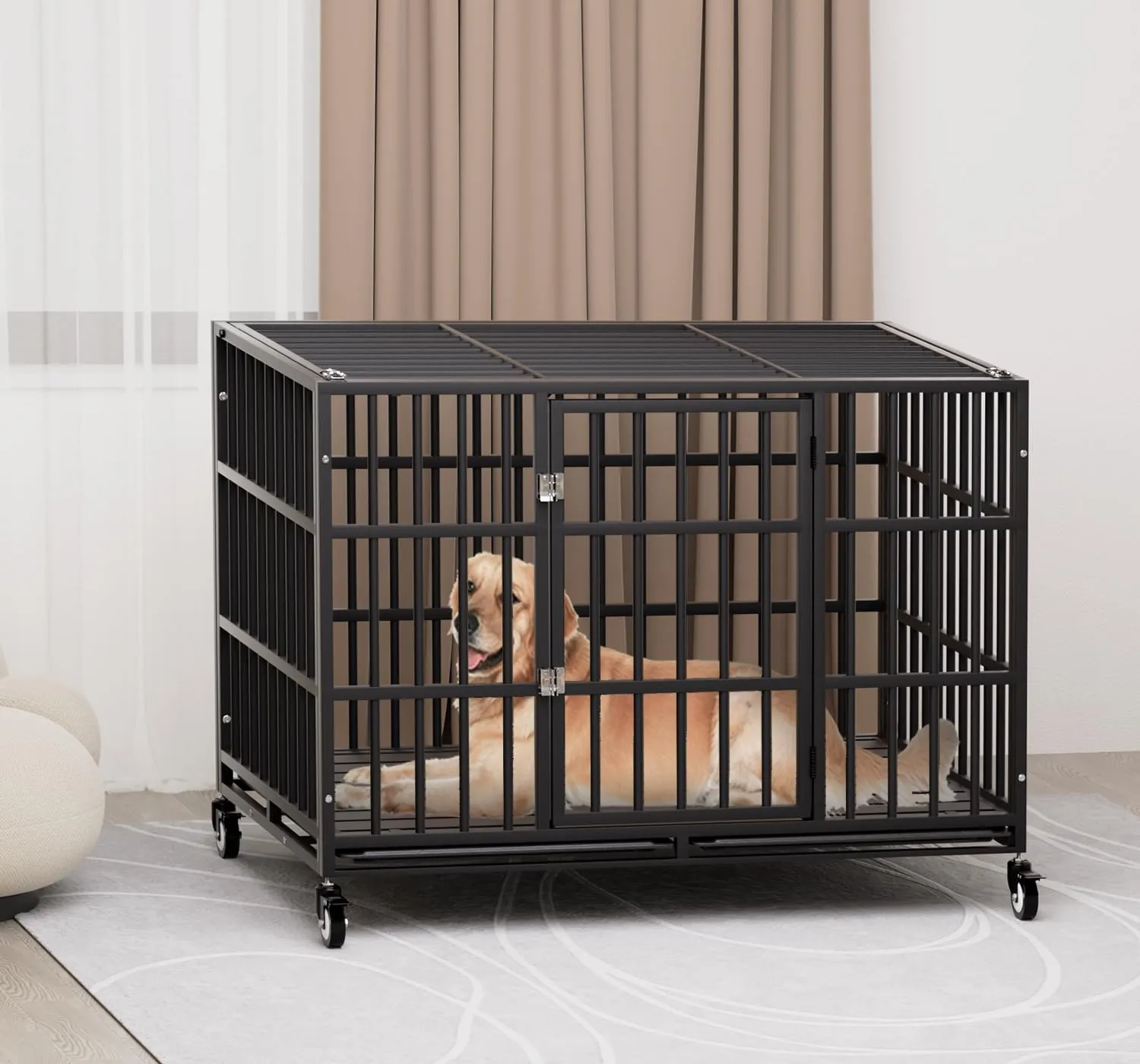 48 Inch Heavy Duty Dog Crate with WheelsIndestructible Escape-Proof Dog Cage for Large Dogs, Extra Large XL XXL Indestructible Dog Crate with Removable Tray.