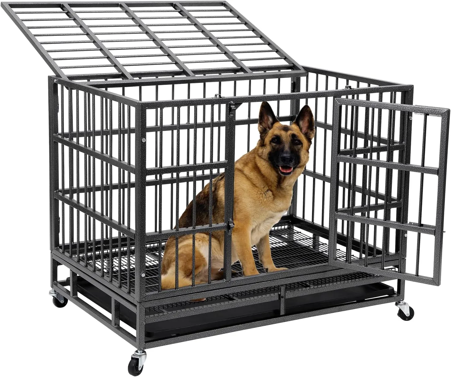 48 Inch Heavy Duty Indestructible Dog Crate, Metal Dog Crate Kennel with Lockable Wheels & Sturdy Locks, High Anti Anxiety Dog Cages with Removable Tray, Extra Large XL XXL