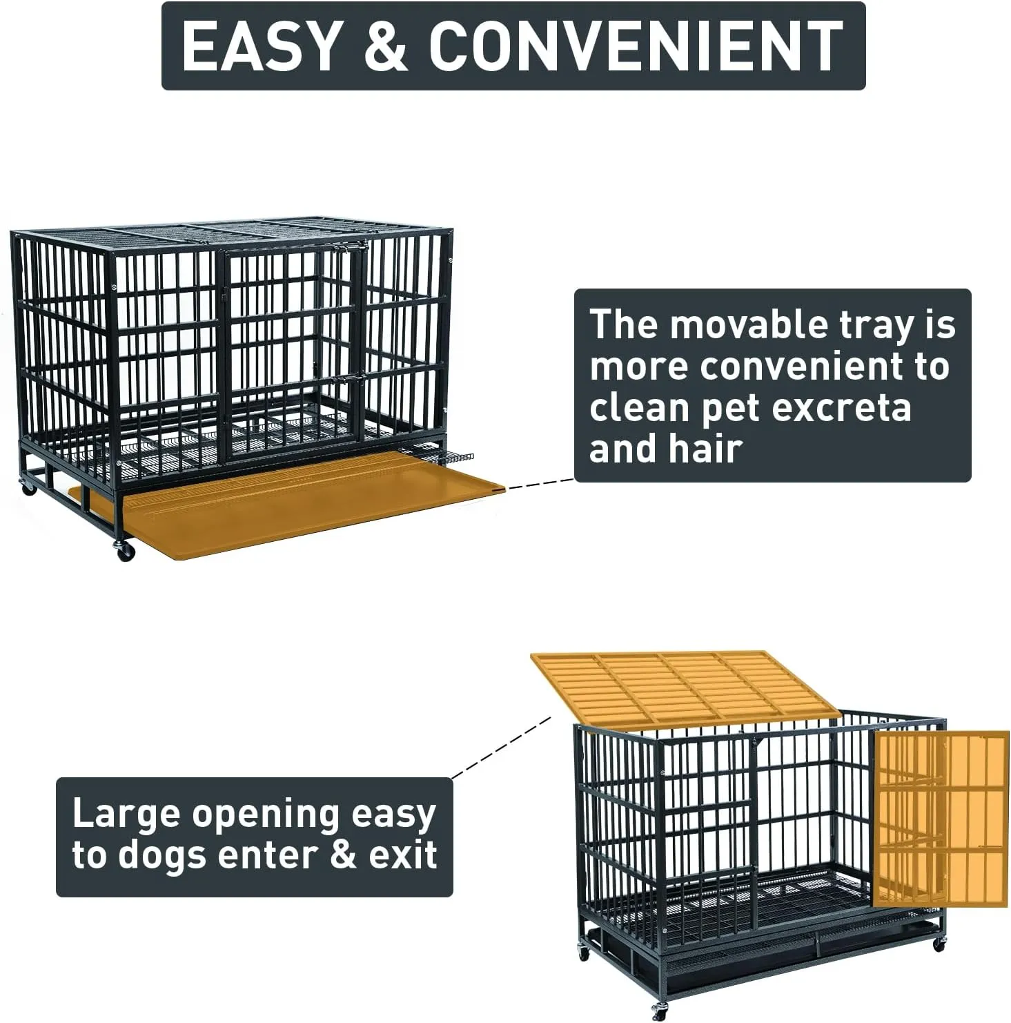 48 Inch Heavy Duty Indestructible Dog Crate, Metal Dog Crate Kennel with Lockable Wheels & Sturdy Locks, High Anti Anxiety Dog Cages with Removable Tray, Extra Large XL XXL