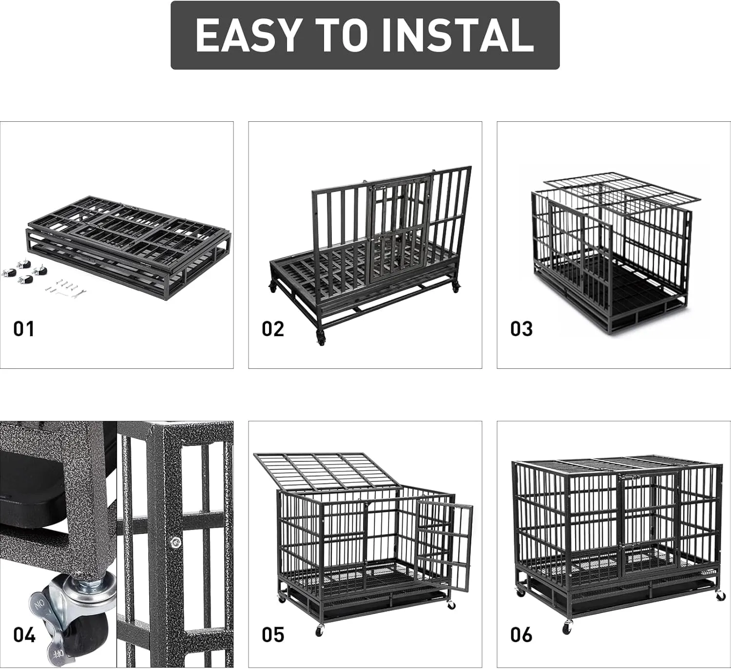 48 Inch Heavy Duty Indestructible Dog Crate, Metal Dog Crate Kennel with Lockable Wheels & Sturdy Locks, High Anti Anxiety Dog Cages with Removable Tray, Extra Large XL XXL