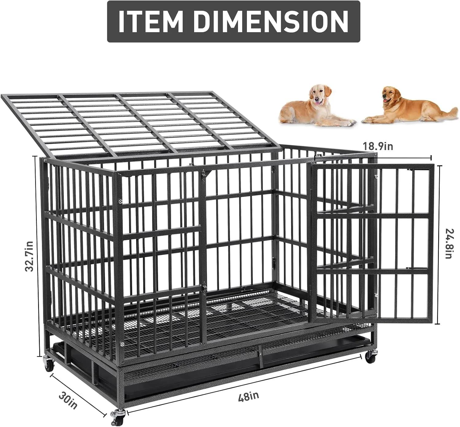 48 Inch Heavy Duty Indestructible Dog Crate, Metal Dog Crate Kennel with Lockable Wheels & Sturdy Locks, High Anti Anxiety Dog Cages with Removable Tray, Extra Large XL XXL