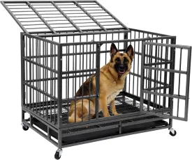 48 Inch Heavy Duty Indestructible Dog Crate, Metal Dog Crate Kennel with Lockable Wheels & Sturdy Locks, High Anti Anxiety Dog Cages with Removable Tray, Extra Large XL XXL