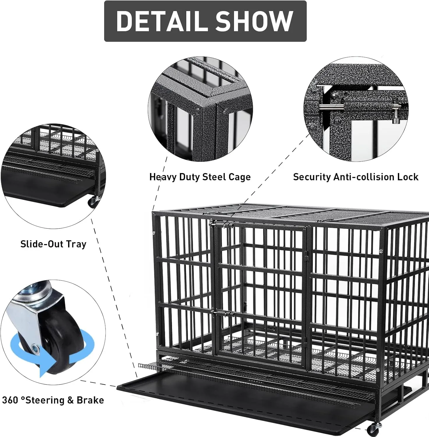 48 Inch Heavy Duty Indestructible Dog Crate, Metal Dog Crate Kennel with Lockable Wheels & Sturdy Locks, High Anti Anxiety Dog Cages with Removable Tray, Extra Large XL XXL