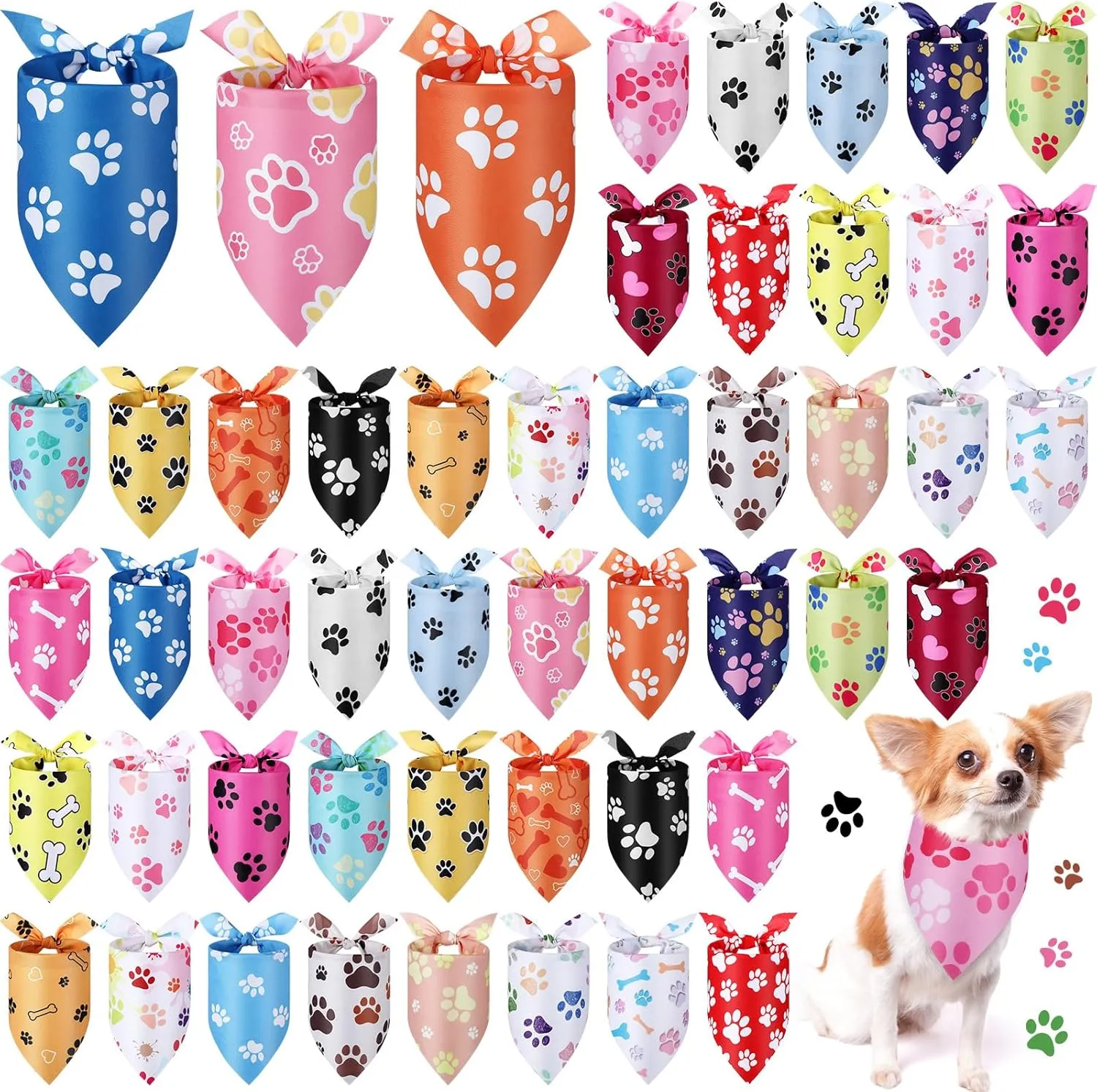 Abbylike 100 Pieces Dog Paw Print Dog Bandanas Bulk Bandanas for Dogs Triangle Kerchief Bibs Scarf with Paw Patterns for Daily Pet Costume Accessories Decoration(25.6 x 17.7 x 17.7)