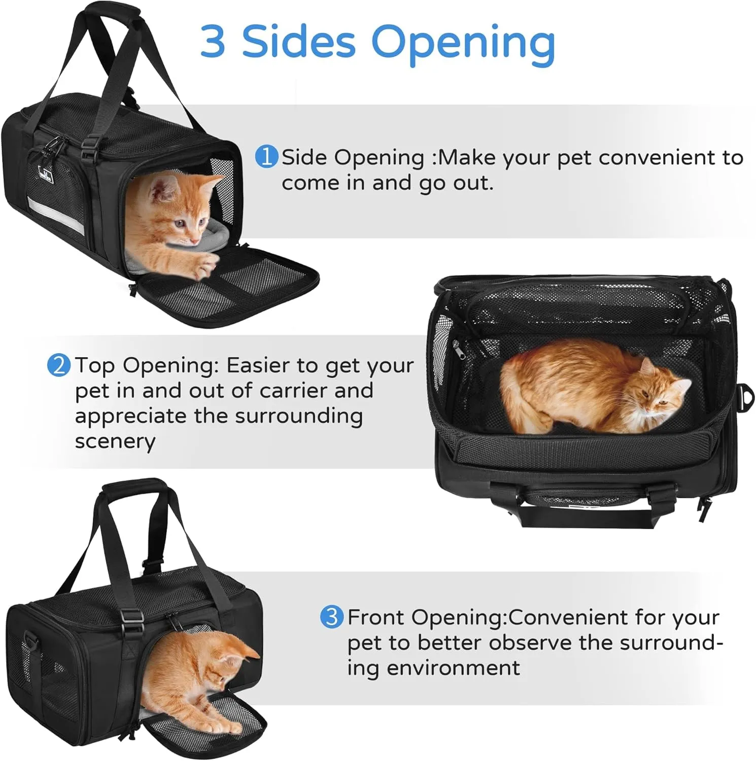 Airline Approved Pet Carrier, Collapsible Cat Carrier, Expandable Dog Carrier, 900D High Density Oxford Cloth, Wear-Resisting, Anti Tearing, Safety Lock Zipper, Reflective Tape