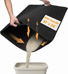 Cat Litter Box Mat for Multi-Cat Homes, 30"x24" XXL Waterproof Litter Trapper with Handles & 30% Wider Hex Grid, Double-Layer EVA Kitty Mat, Non-Slip Floor Protector, Black