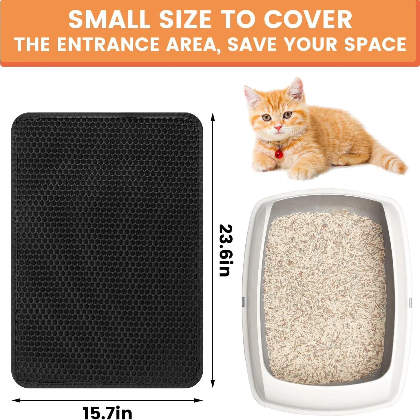 Cat Litter Mat, Litter Trapping Mat, 23.6 x15.7 Cat Mat for Litter Box, Cat Litter Mat Small, Honeycomb Double Layer Design, Waterproof & Urine Proof, Scatter Control, Non-Slip, Black, 1 Pack