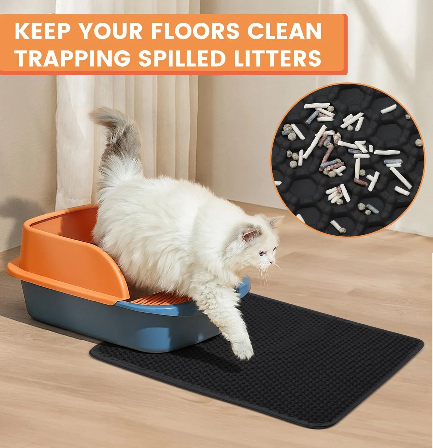 Cat Litter Mat, Litter Trapping Mat, 23.6 x15.7 Cat Mat for Litter Box, Cat Litter Mat Small, Honeycomb Double Layer Design, Waterproof & Urine Proof, Scatter Control, Non-Slip, Black, 1 Pack