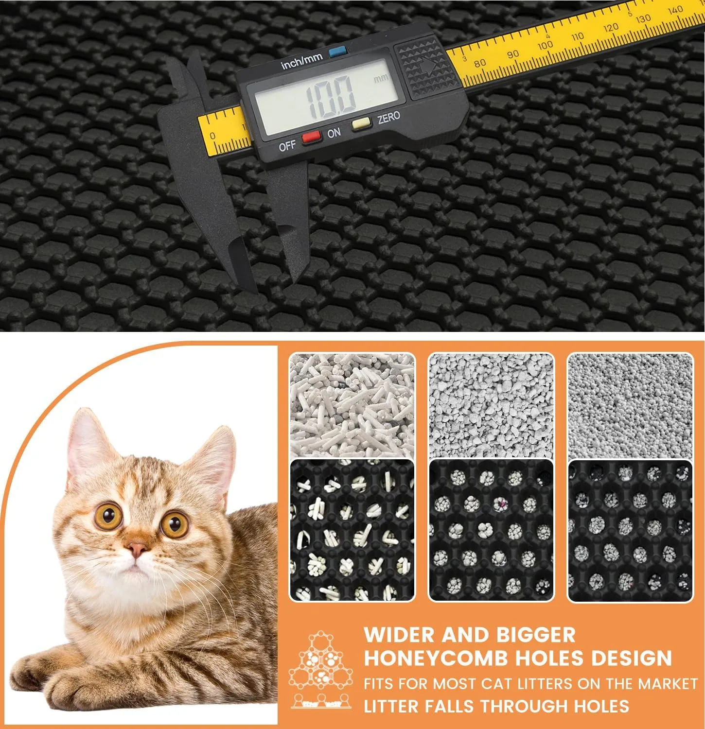 Cat Litter Mat, Litter Trapping Mat, 23.6 x15.7 Cat Mat for Litter Box, Cat Litter Mat Small, Honeycomb Double Layer Design, Waterproof & Urine Proof, Scatter Control, Non-Slip, Black, 1 Pack