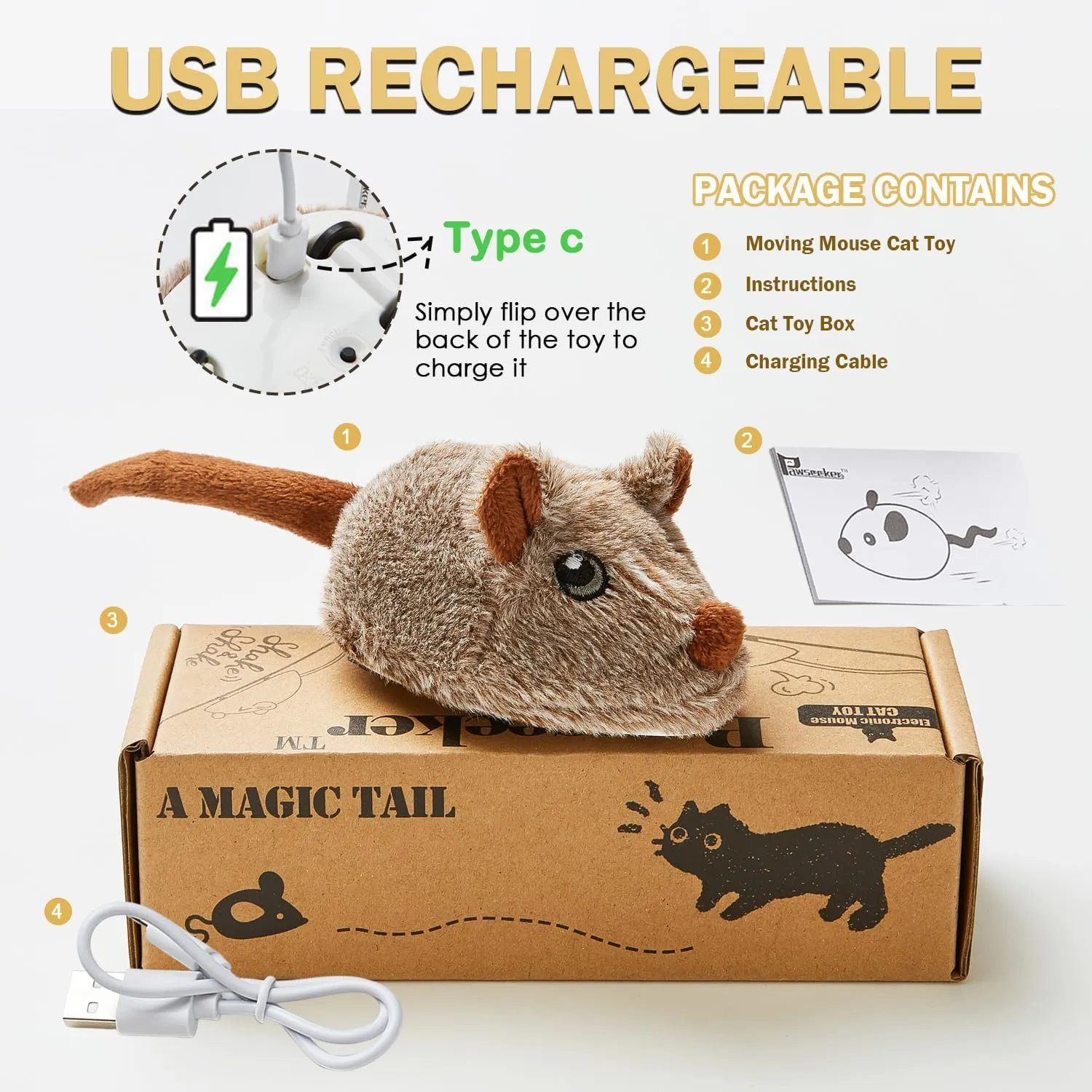 Cat Toys Squeaky Rechargeable Moving Mouse with Dynamic Magic Tail, Automatic Self Play Mouse Interactive Cat Toy for Indoor Cats, Kitten's Electric Multi-Mode Activated Mouse Toy (Brown)