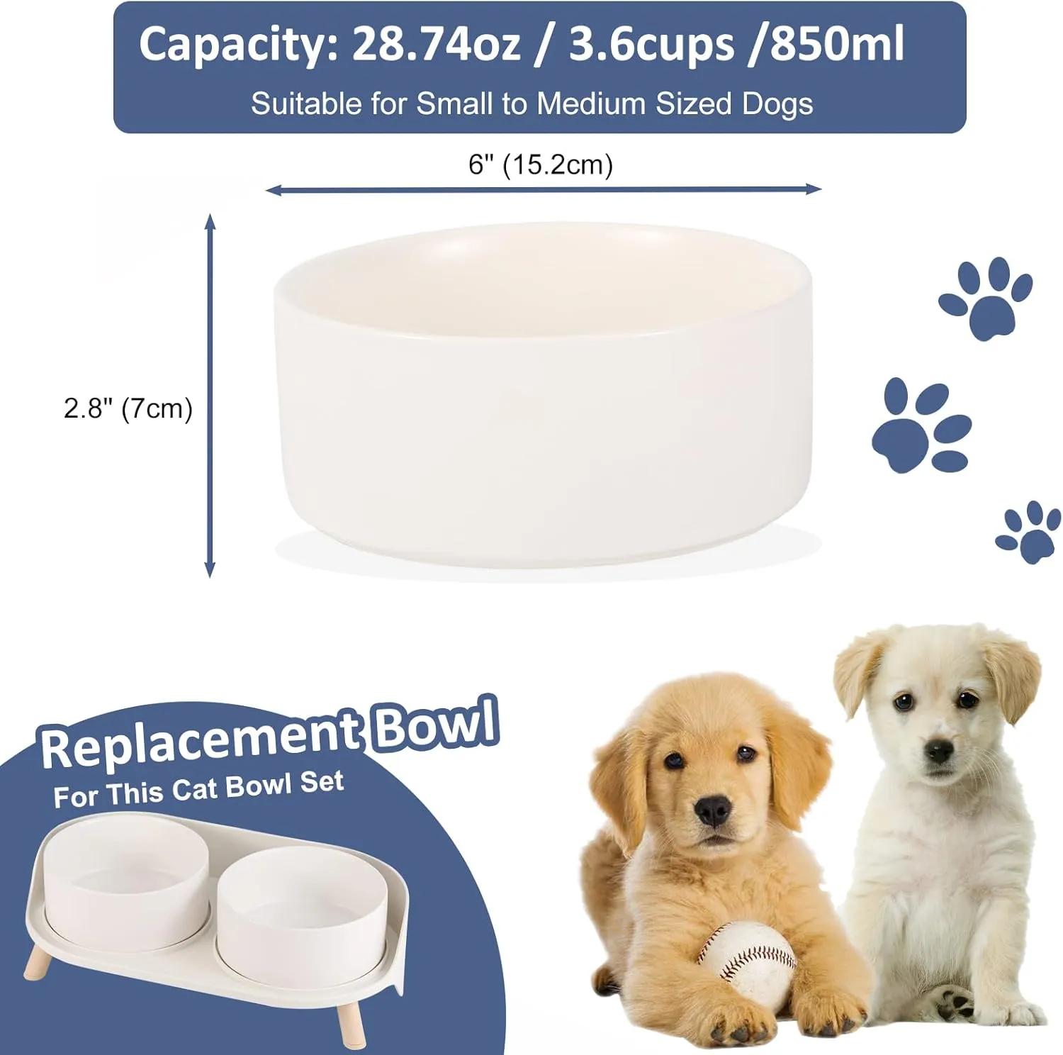 Ceramic Dog Bowl for Food and Water - Pet Dish for Small and Medium Dogs - Microwave and Dishwasher Safe - 28.74 oz - 850 ml - White