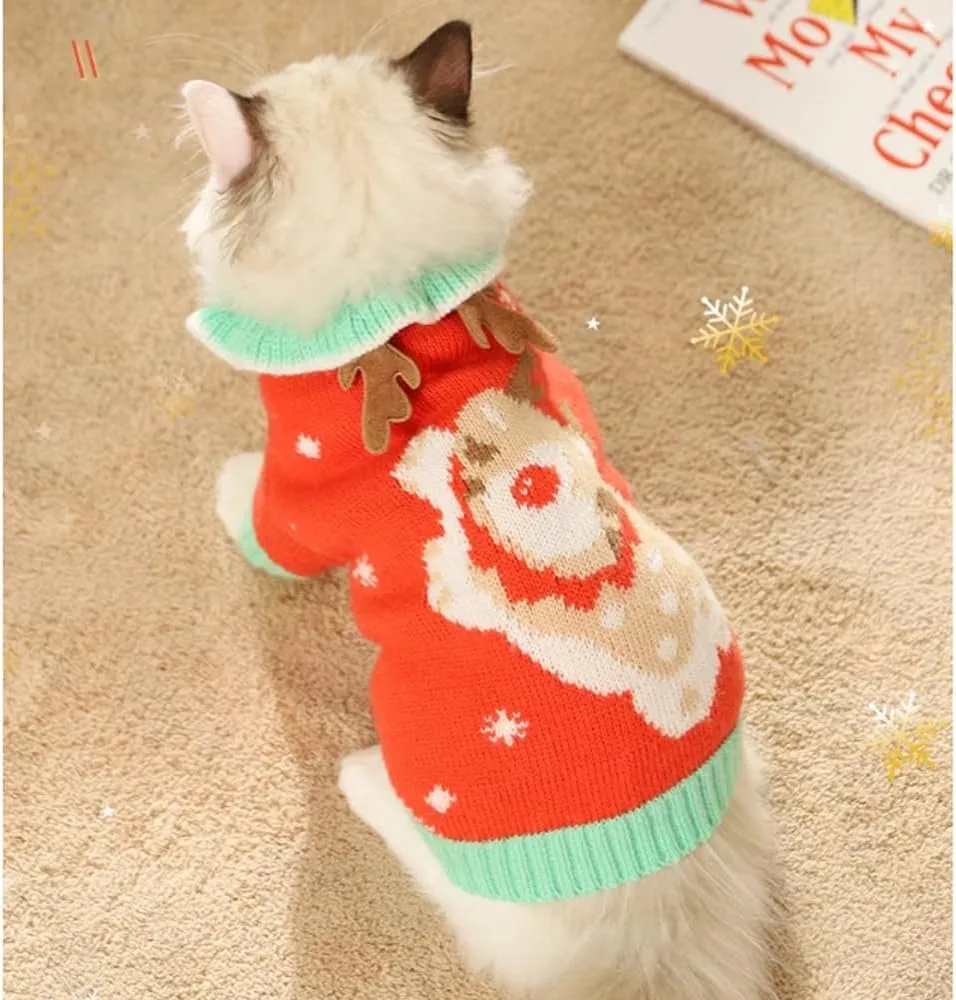Christmas Dog Outfit Red Puppy Sweater for Small Dog Girl Elk Cat Knitwear with Antlers Reindeer Knitted Pet Clothes for Kitten Chihuahua Yorkie Toy Poodle XXS (Elk, Small)