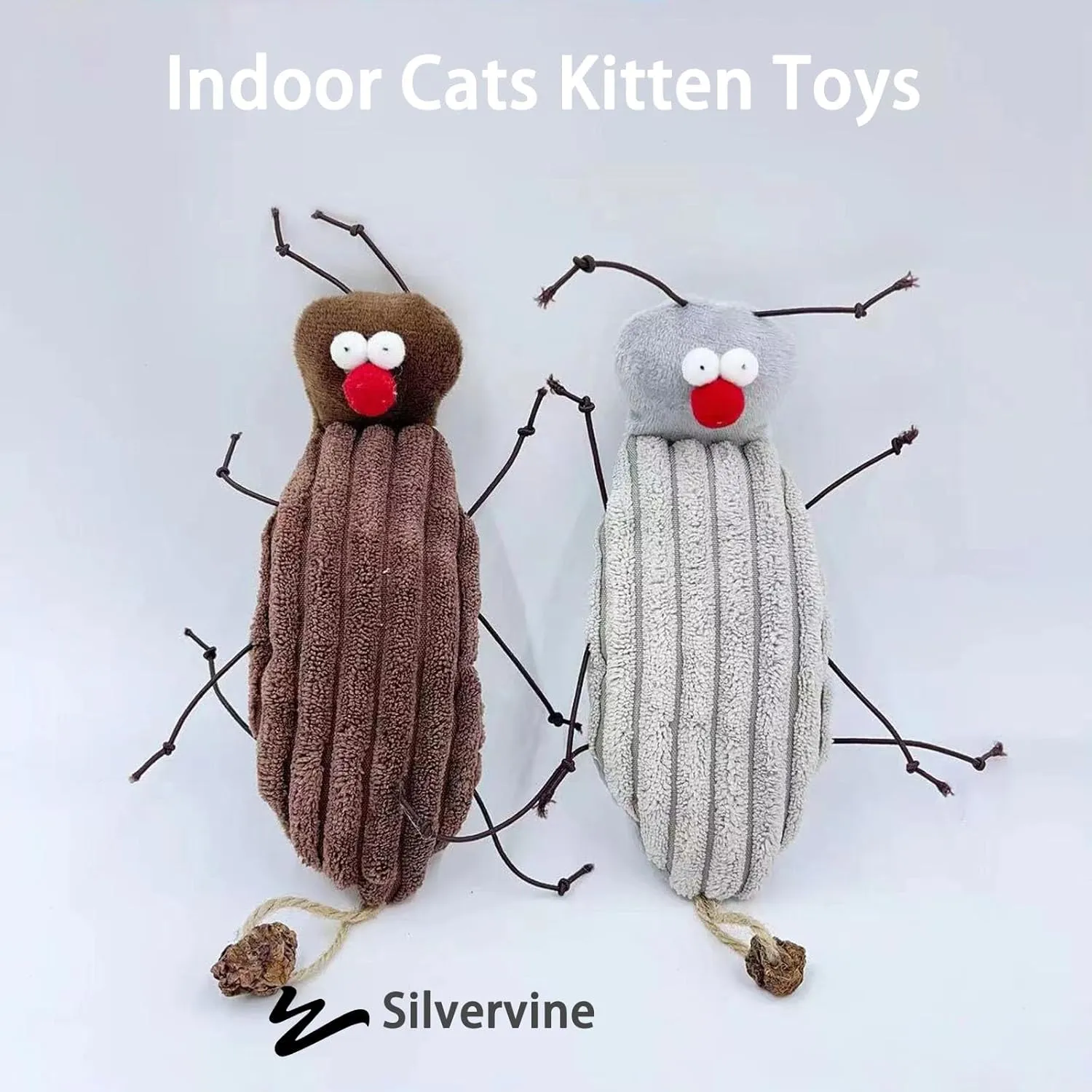 Cockroach Chew Play Toy, Organic Silvervine Catnip, 7-Inch Kicker for Indoor Cats, Teething Kitten Toy, Fun Interactive Toy for Cats, Engaging Play for Kittens and Adults (Gray)