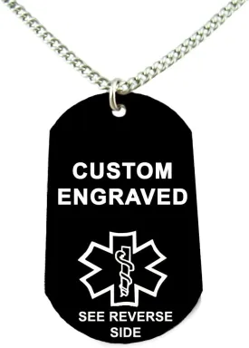 Custom Engraved Medical Alert ID Dog Tag, Black Aluminum, 22 Inches Chain