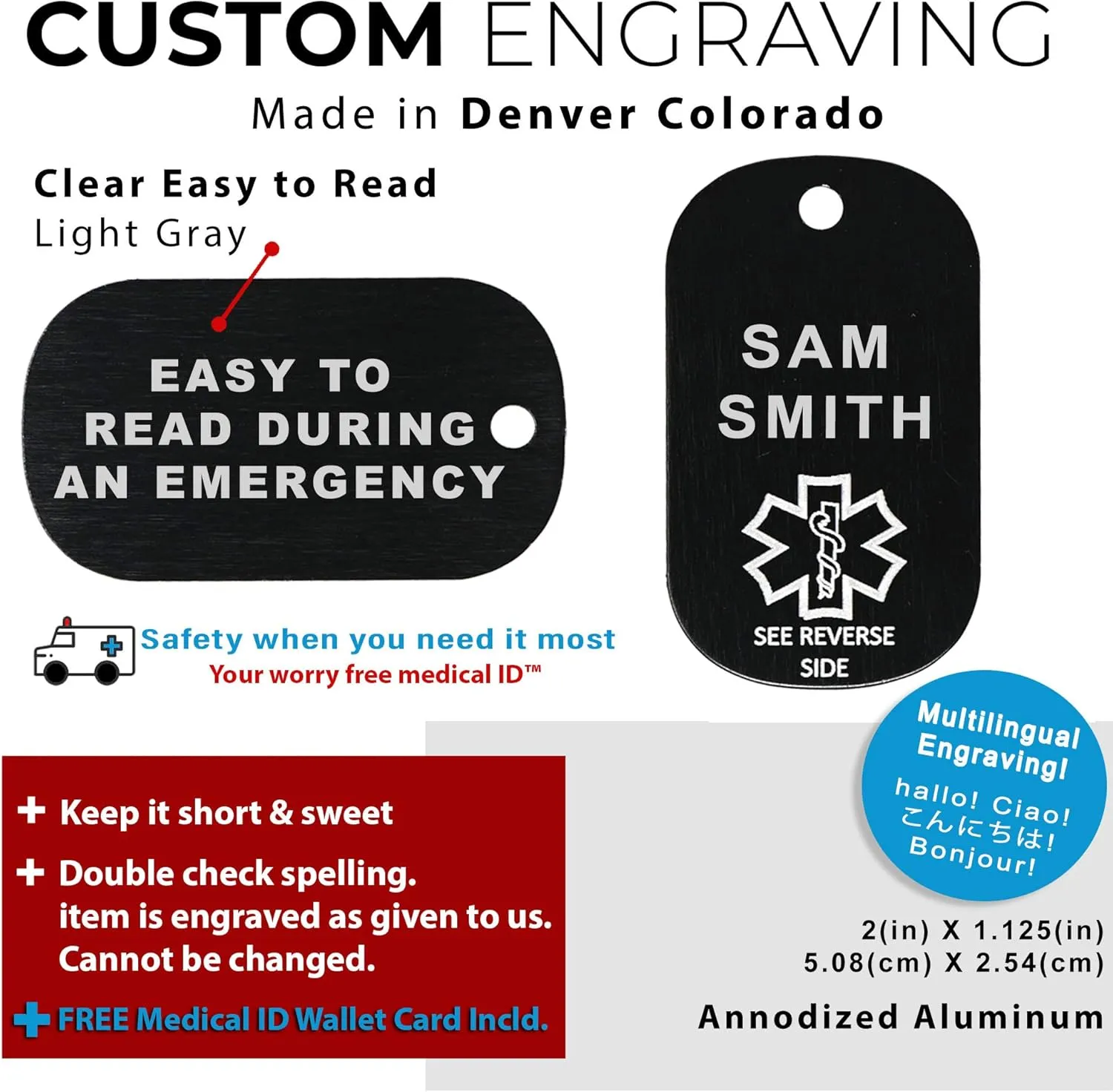 Custom Engraved Medical Alert ID Dog Tag, Black Aluminum, 22 Inches Chain