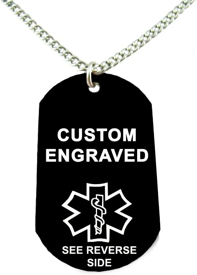Custom Engraved Medical Alert ID Dog Tag, Black Aluminum, 22 Inches Chain