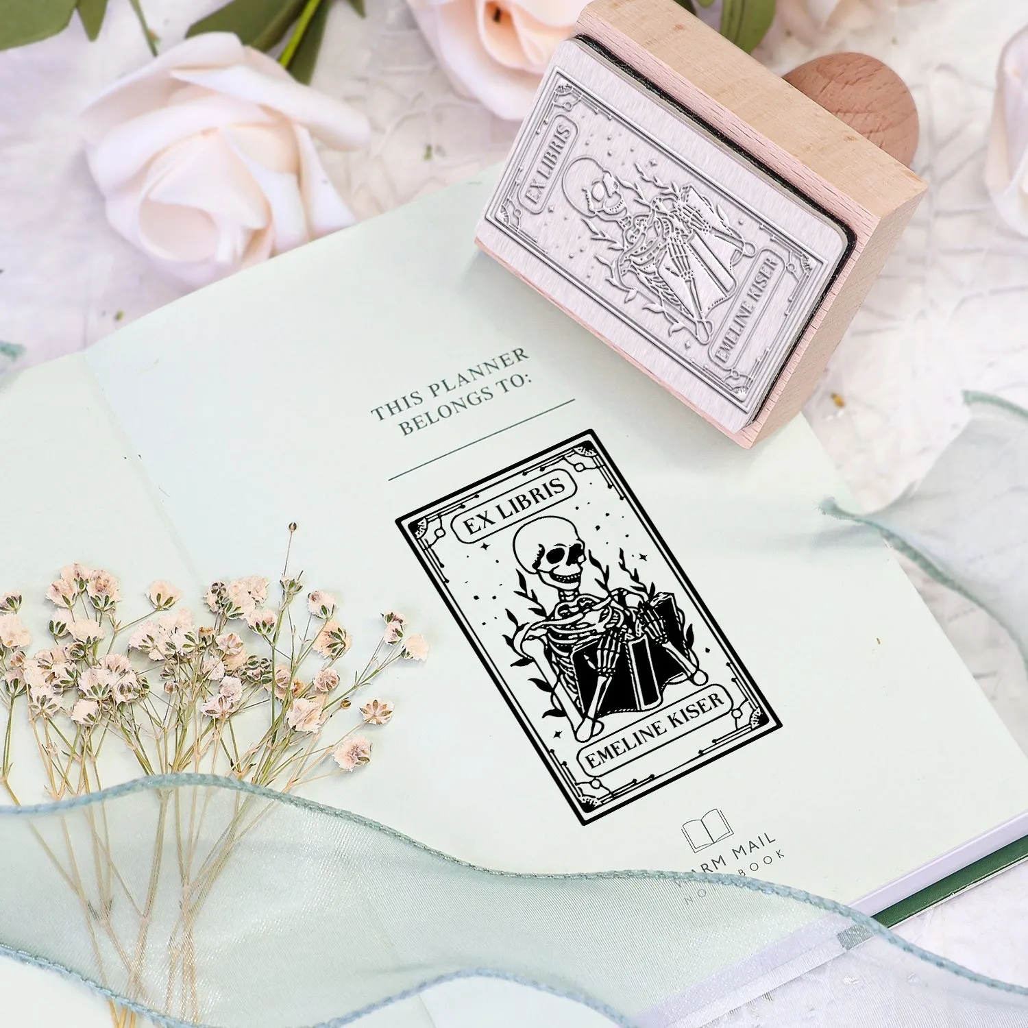 Custom Skeleton Reader "Ex Libris" Book Wooden Rubber Stamp