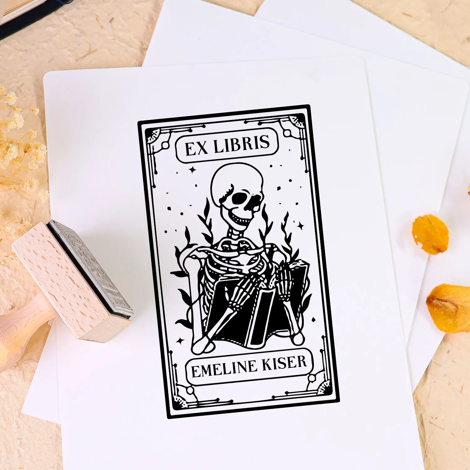 Custom Skeleton Reader "Ex Libris" Book Wooden Rubber Stamp