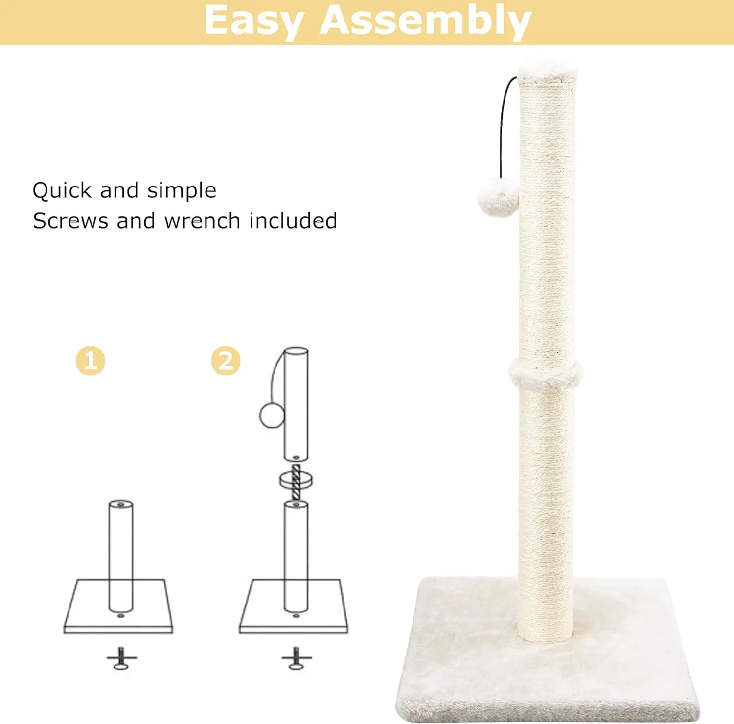 Dimaka 29" Height Tall Cat Scratching Post, Claw Scratcher with Sisal Rope and Covered with Soft Smooth Plush, Vertical Scratch [Full Strectch] for Standard Size Cats. (Beige)