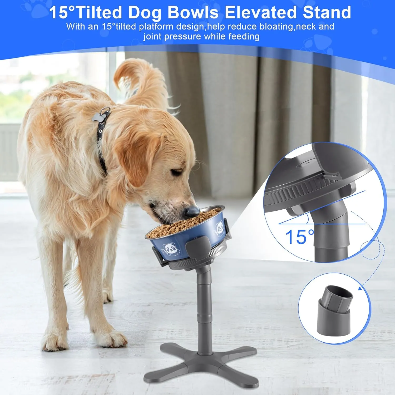Dog Bowls Elevated Adjustable Stand, Raised Bowl with 3 Heights & Tilted Feeding Stand, Compatible with Various Bowls, for Medium & Large Breeds1 Pack-Grey