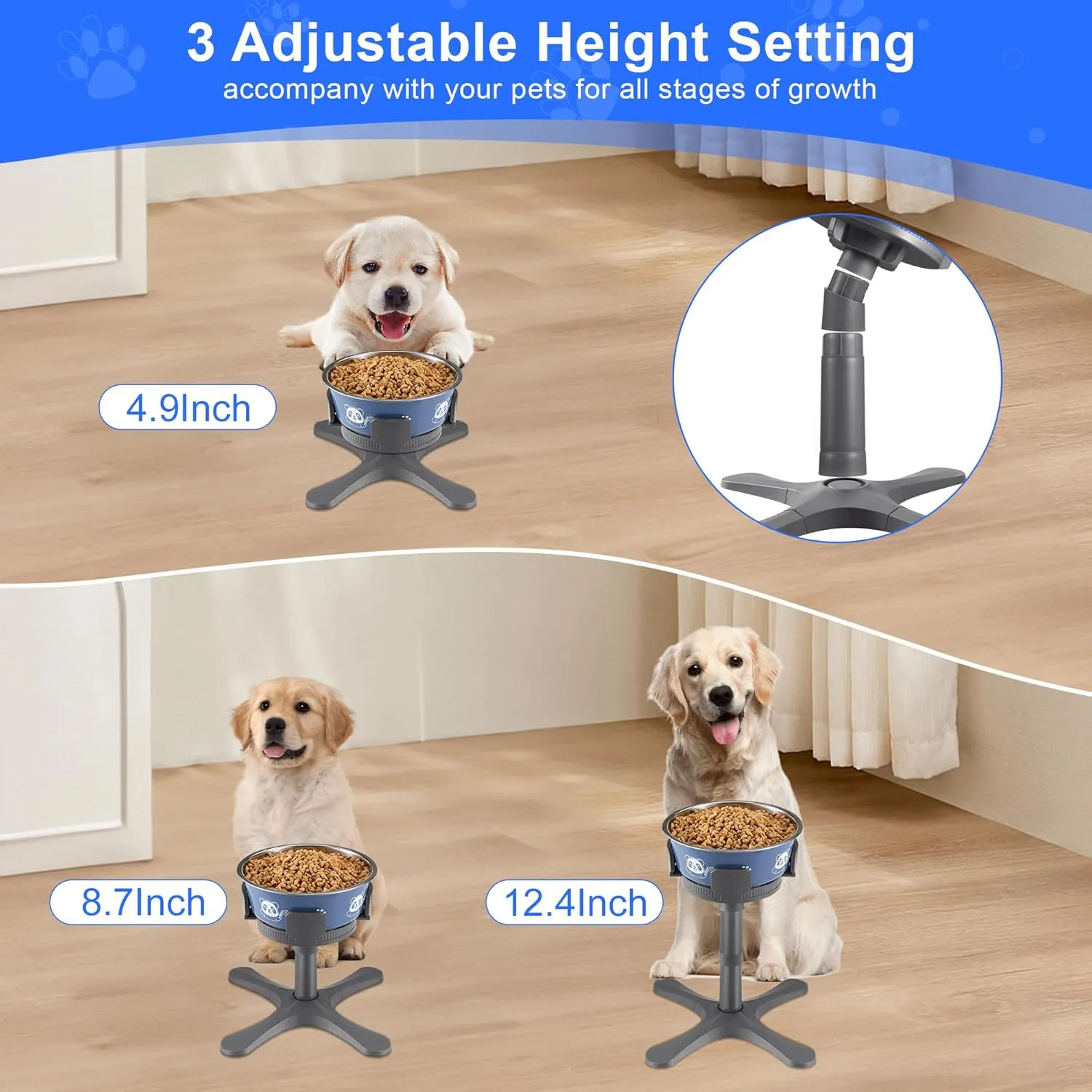 Dog Bowls Elevated Adjustable Stand, Raised Bowl with 3 Heights & Tilted Feeding Stand, Compatible with Various Bowls, for Medium & Large Breeds1 Pack-Grey