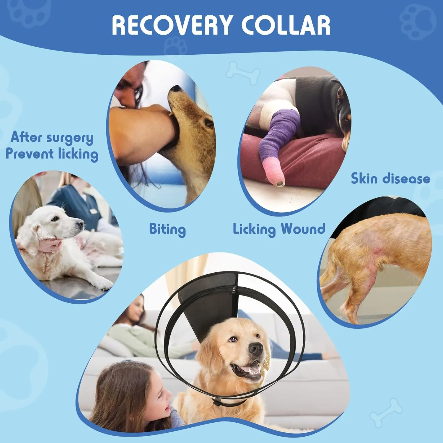 Dog Cone, Transparent Recovery Collar for Large Medium Small Dogs, E Collar After Surgery to Stop Licking, Depth Adjustable Soft Cone Not Block Vision