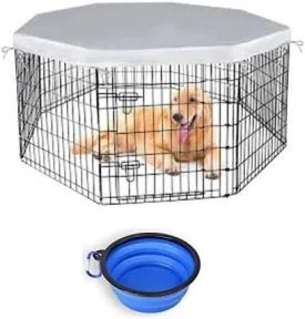 Dog Playpen Cover - Sun/Rain Proof Top Cover Gives Shade & Security for Indoor/Outdoor - Fits 24" Wide, 8 Panels Exercise Pen - Bonus Water Bowl