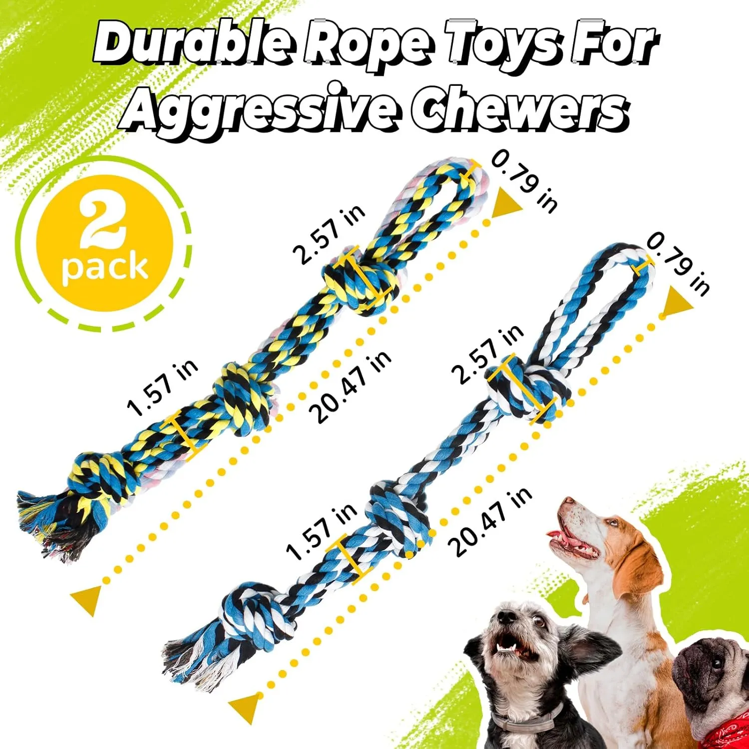 Dog Rope Toy for Aggressive Chewers, 2 Pack 20 Inch Heavy Duty Chew Toys for Teeth Cleaning, Cotton Rope Dog Tug Toy for Medium to Large Breed