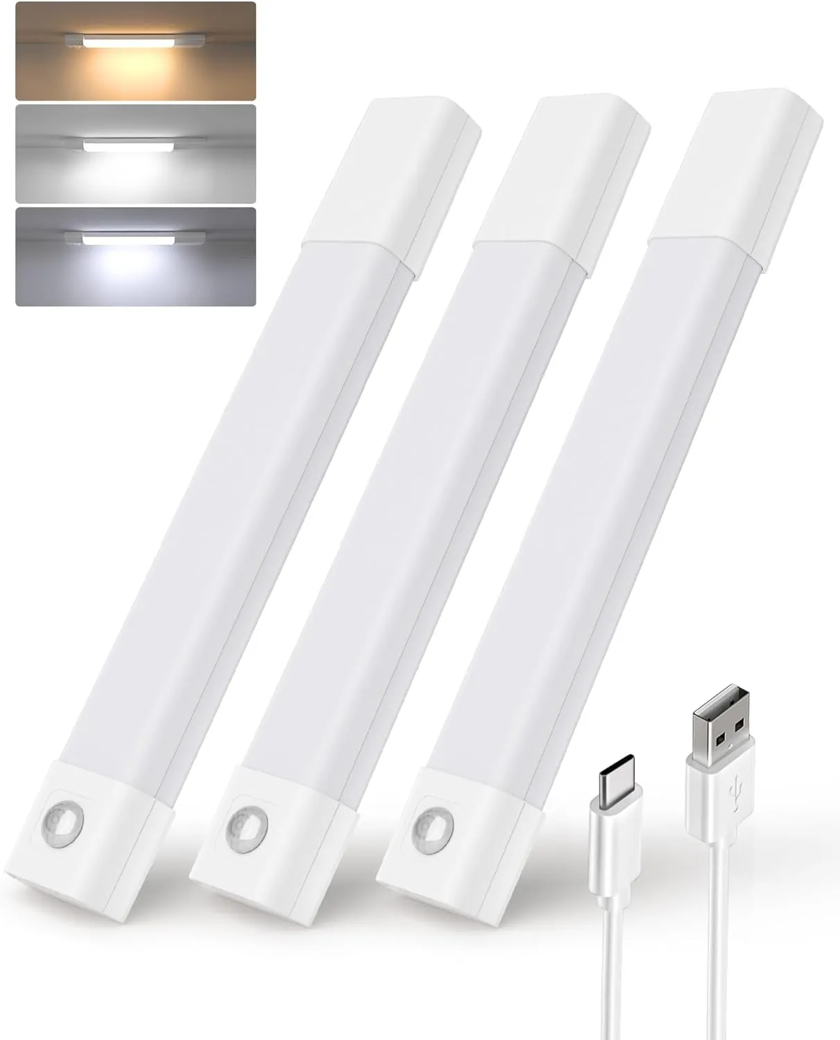 EZVALO Closet Lights, Wireless Under Cabinet Lighting, 30 LED Rechargeable Motion Sensor Light, Dimmable, 3 Color Temperatures, Counter Lights for Kitchen, Pantry, Bedroom, Wardrobe (3 Pack)