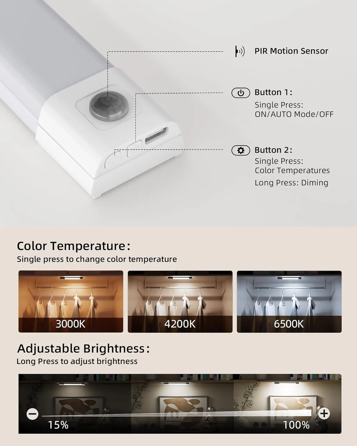 EZVALO Closet Lights, Wireless Under Cabinet Lighting, 30 LED Rechargeable Motion Sensor Light, Dimmable, 3 Color Temperatures, Counter Lights for Kitchen, Pantry, Bedroom, Wardrobe (3 Pack)