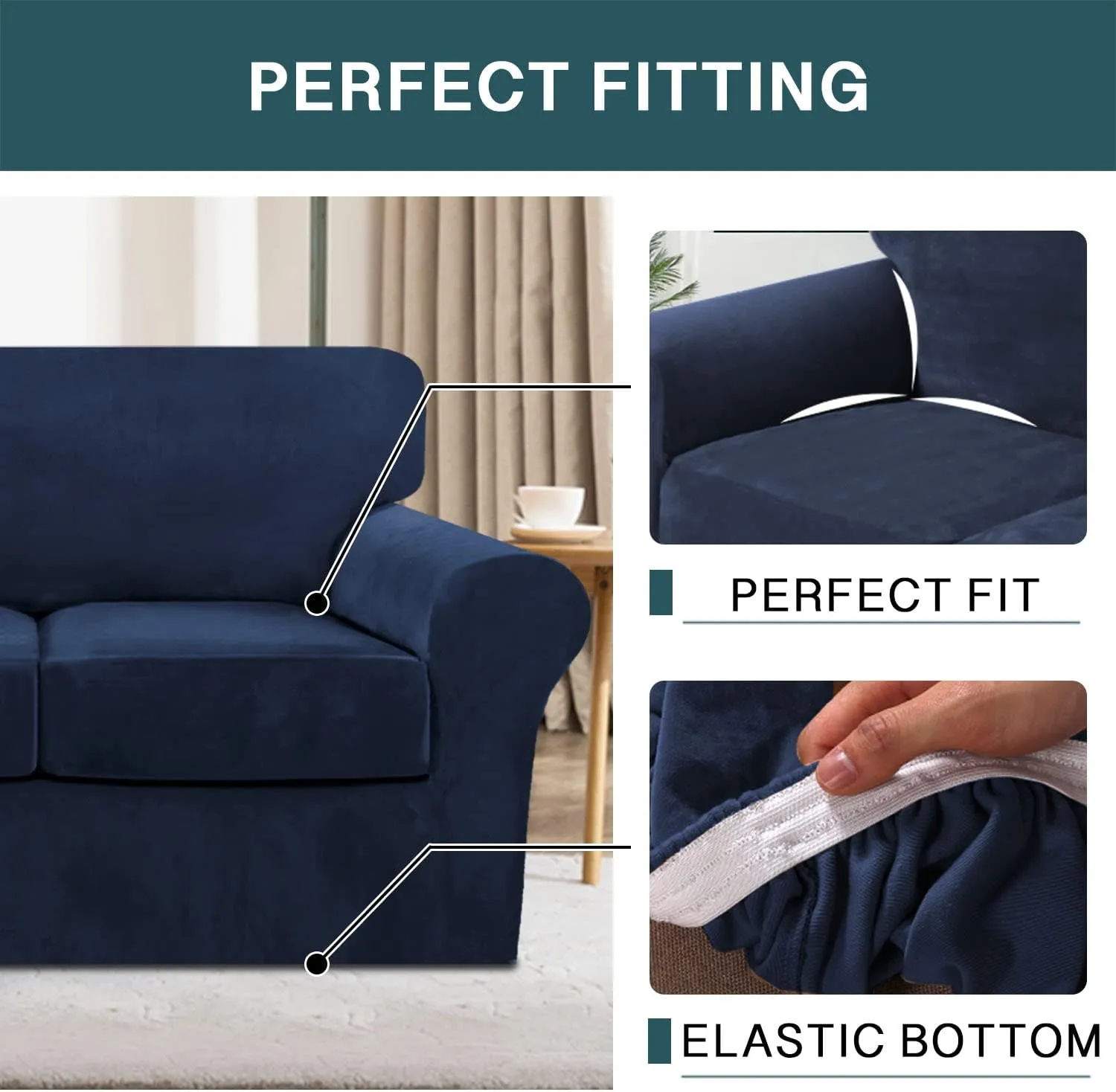 FantasDecor 4 Piece Sofa Velvet Couch Covers for 3 Cushion Stretch Slipcover with Individual Seat Cushion Elastic Furniture Protector for Pets, Machine Washable (Sofa, Navy)