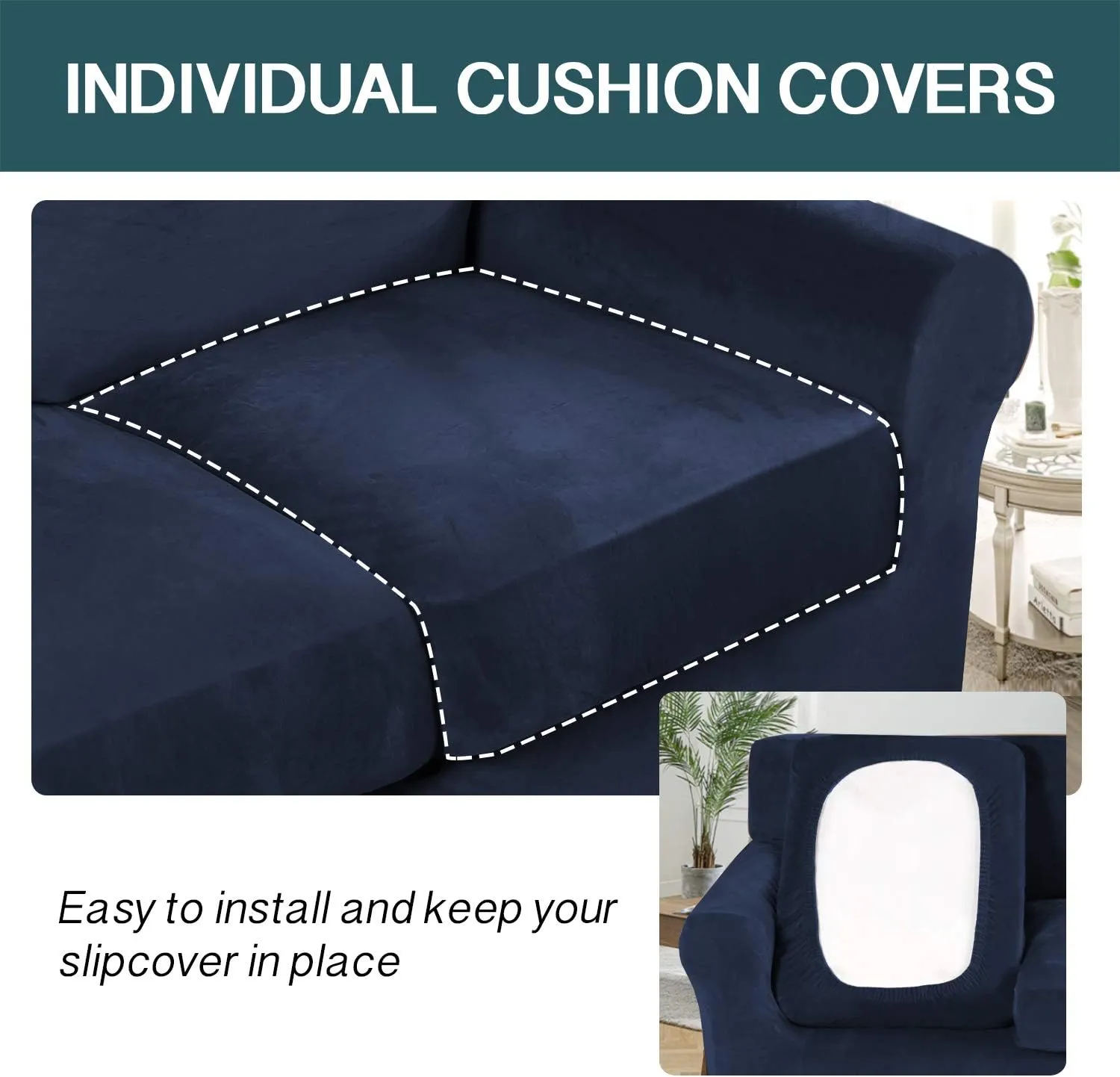 FantasDecor 4 Piece Sofa Velvet Couch Covers for 3 Cushion Stretch Slipcover with Individual Seat Cushion Elastic Furniture Protector for Pets, Machine Washable (Sofa, Navy)