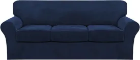 FantasDecor 4 Piece Sofa Velvet Couch Covers for 3 Cushion Stretch Slipcover with Individual Seat Cushion Elastic Furniture Protector for Pets, Machine Washable (Sofa, Navy)