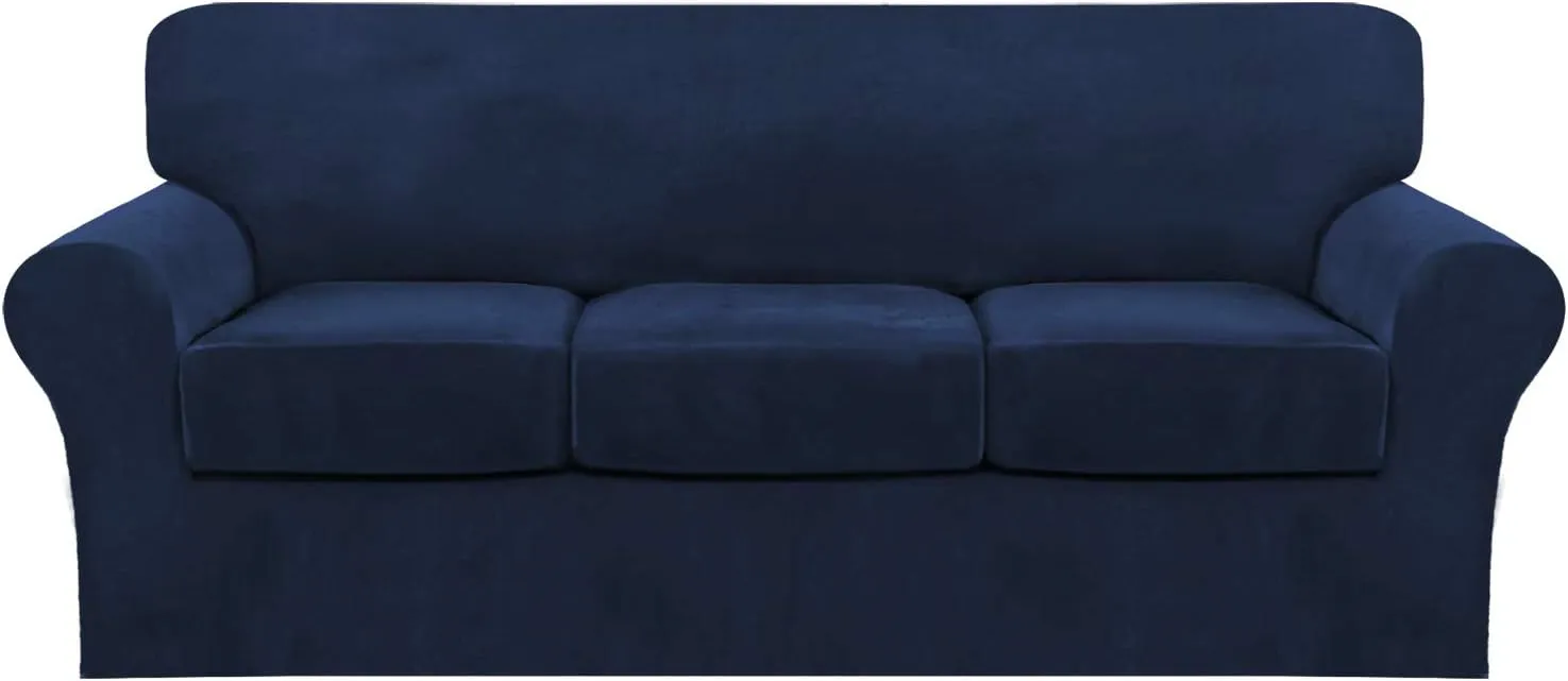 FantasDecor 4 Piece Sofa Velvet Couch Covers for 3 Cushion Stretch Slipcover with Individual Seat Cushion Elastic Furniture Protector for Pets, Machine Washable (Sofa, Navy)