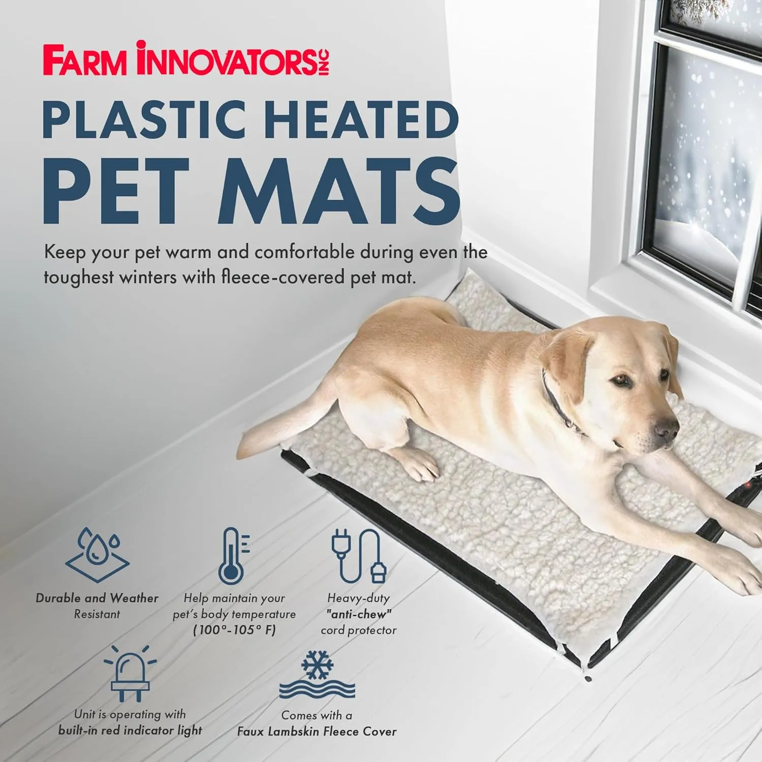 Farm Innovators HM-100L 24 x 29 in Plastic Heated Pet Mat with Fleece Cover and Heavy Duty Anti Chew Cord Protector for Dogs, Cats, and More, 100W