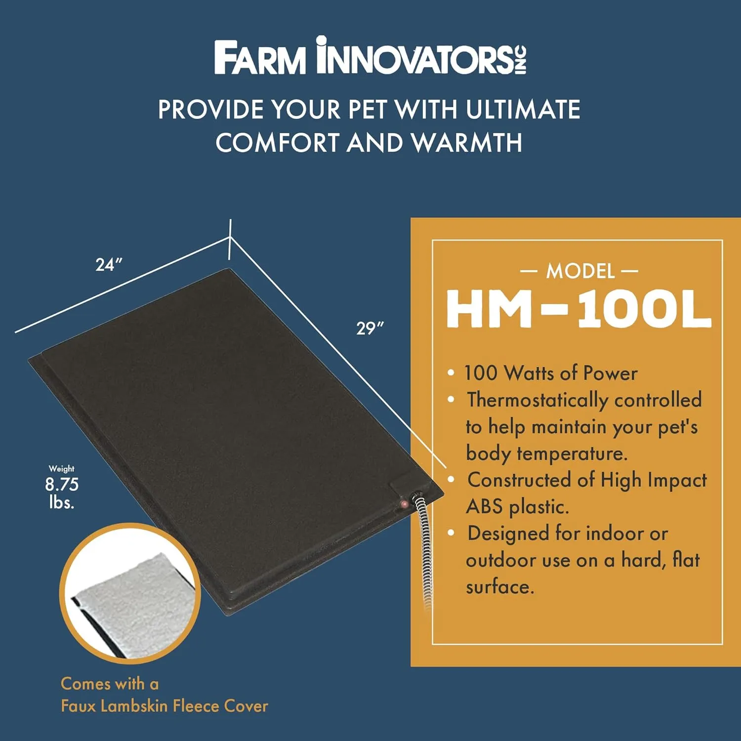 Farm Innovators HM-100L 24 x 29 in Plastic Heated Pet Mat with Fleece Cover and Heavy Duty Anti Chew Cord Protector for Dogs, Cats, and More, 100W