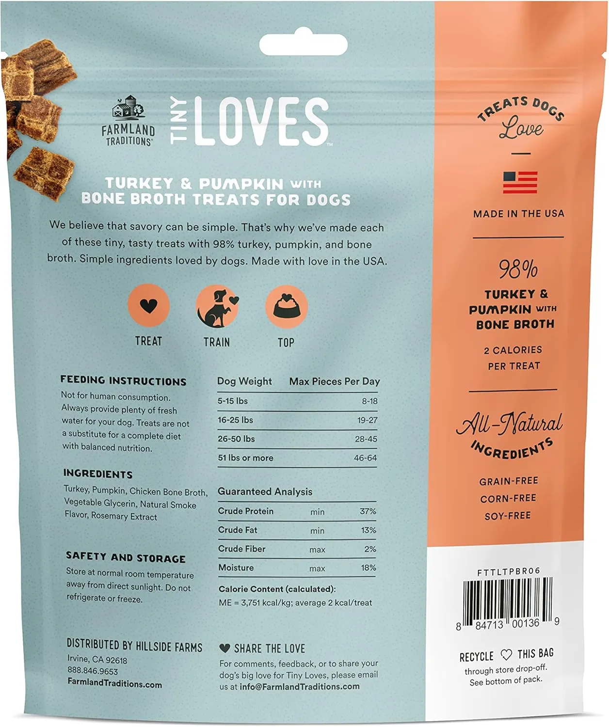 Farmland Traditions Tiny Loves Jerky Trainer Treats for Dogs w/Bone Broth (Turkey & Pumpkin, 6 oz.)