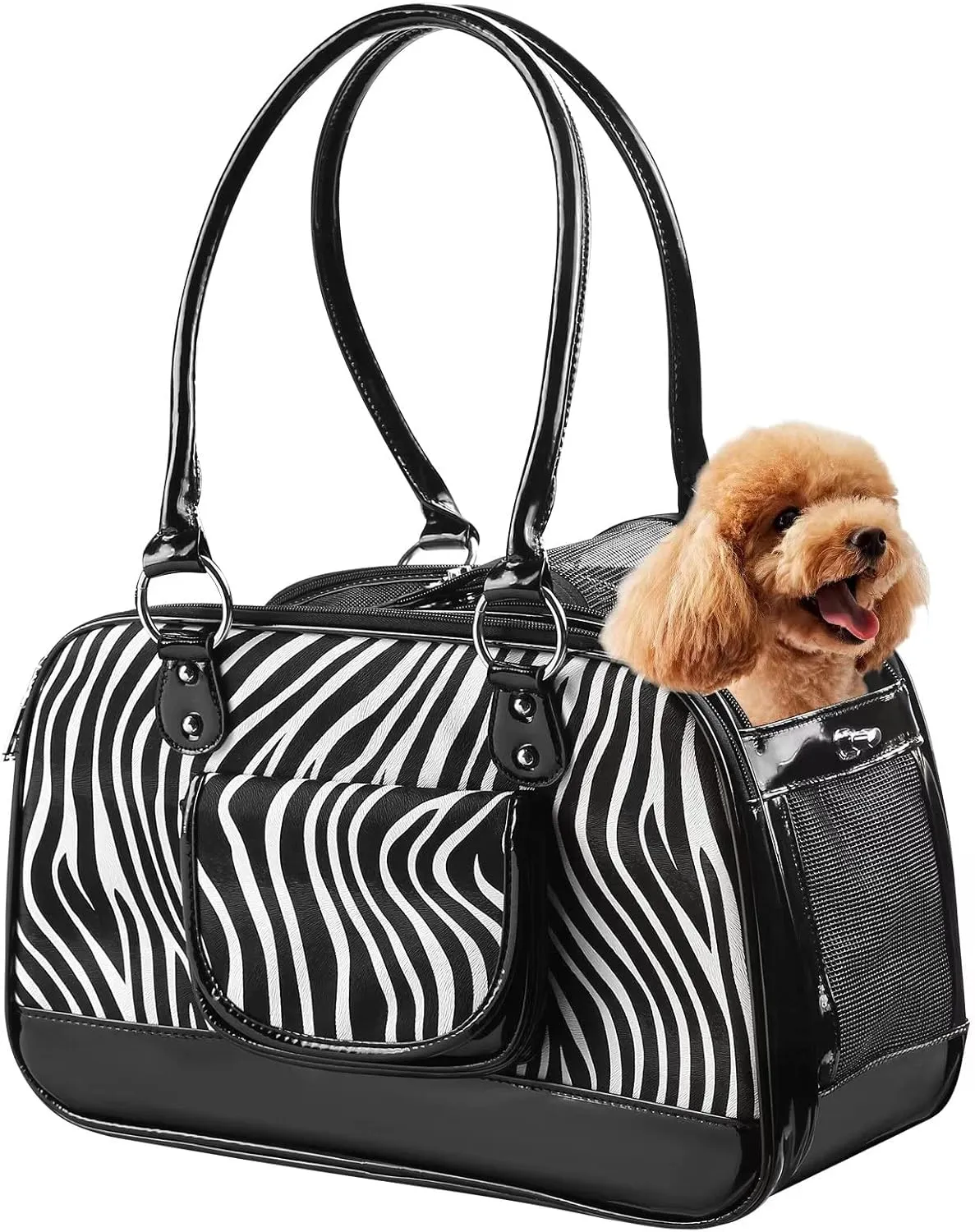 Fashion Dog Purse Carrier for Small Dogs with Extra Pockets, Holds Up to 8lbs Quality PU Leather Pet Carrier, Cat Carrier, Airline Approved Puppy Purse Carrier for Travel (Black, Small Size)
