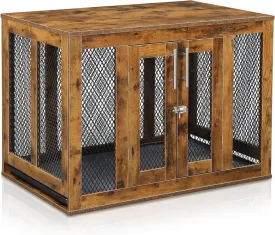 Furniture-Style Wooden Dog Crate Kennel for Medium/Large Dogs  Indoor/Outdoor Reinforced-Wire Pet Cage with Ventilation, Dual-Door Design, Removable Tray, 36.3" L x 23.6" W x 26.1" H