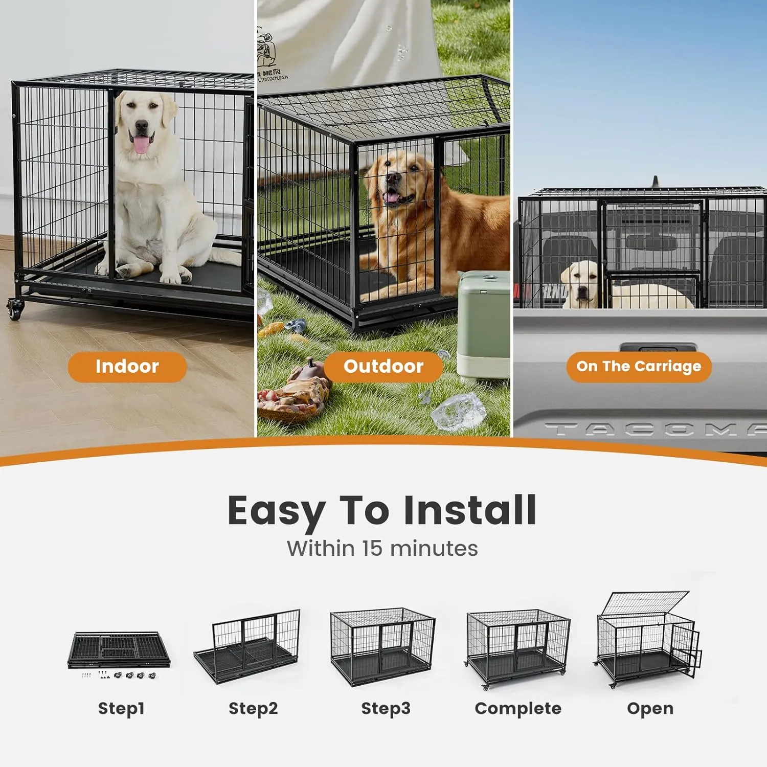 Gardner Pet 43 Inch Heavy Duty Dog Crate with Wheels, Folding Metal Dog Cage for Small/Medium and Large Dogs, Indestructible Dog Crate with Removable Tray (Black)