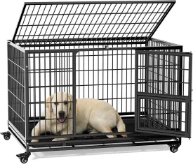 Gardner Pet 43 Inch Heavy Duty Dog Crate with Wheels, Folding Metal Dog Cage for Small/Medium and Large Dogs, Indestructible Dog Crate with Removable Tray (Black)
