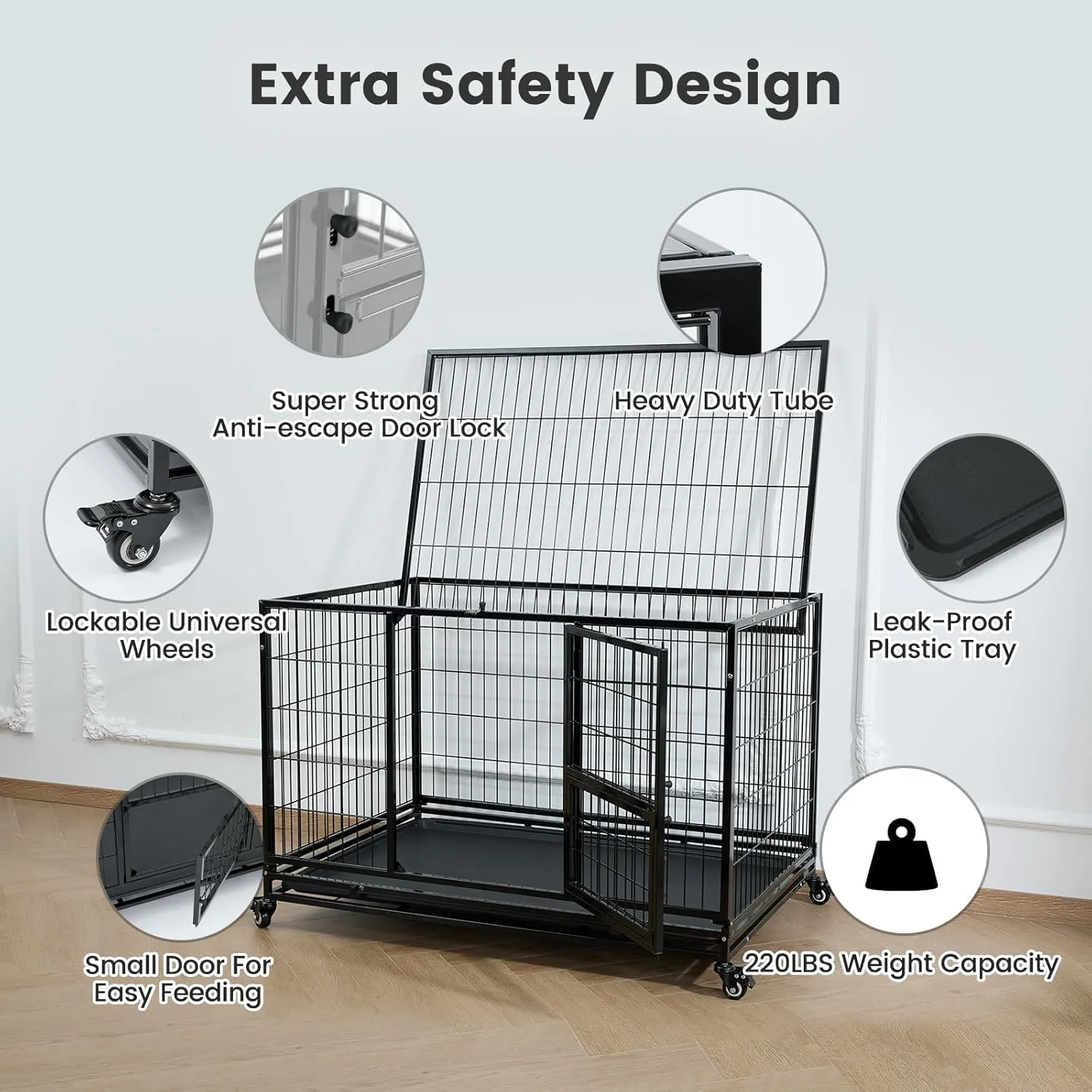 Gardner Pet 43 Inch Heavy Duty Dog Crate with Wheels, Folding Metal Dog Cage for Small/Medium and Large Dogs, Indestructible Dog Crate with Removable Tray (Black)