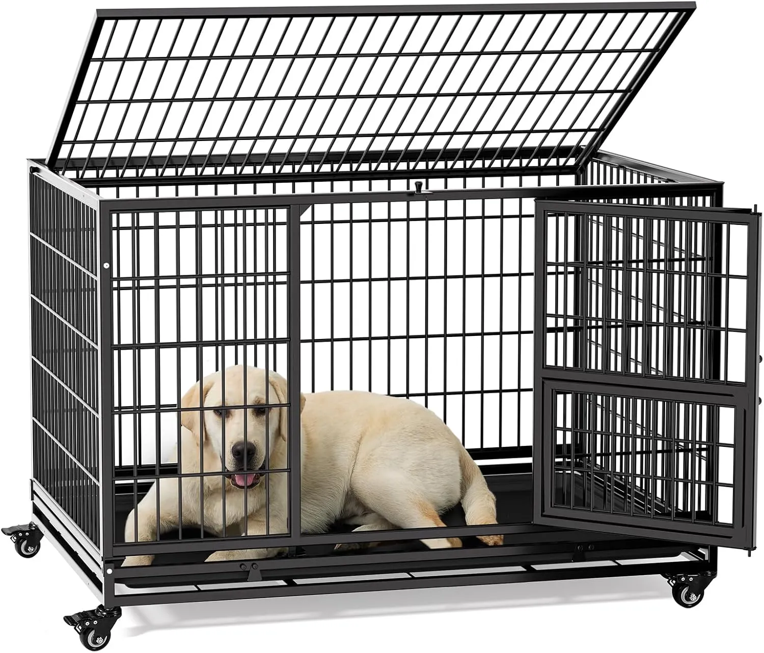 Gardner Pet 43 Inch Heavy Duty Dog Crate with Wheels, Folding Metal Dog Cage for Small/Medium and Large Dogs, Indestructible Dog Crate with Removable Tray (Black)